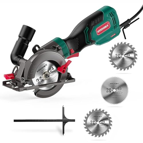 HYCHIKA 6.2A Mini Circular Saw with 3 Blades (4-1/2”), Compact Hand Saw Max 1-7/8 Cutting Depth, 3500RPM, Rubber Handle & 10ft Cord for Wood, Metal, Plastic, Tile