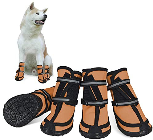 Hundeschuhe pfotenschutz mit Anti-Rutsch Sohle, reflektierendem Riemen, Klettverschluss wasserdicht Schneeschuhe für mittelgroße große Hunde 4 Stück Orange L