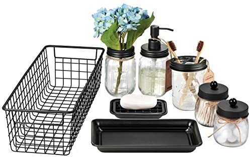 Mason Jar Badezimmer-Zubehör-Set 8-teilig – Lotion-Seifenspender, Zahnbürstenhalter, 2 Apotheker-Gläser, Blumenvase, Seifenschale, Schminktisch, Aufbewahrungsbehälter, Bauernhaus-Dekor (schwarz)