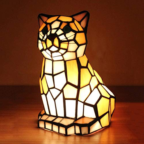 LANMOU Europäische Tiffany Tischlampe Kreative Katze Schreibtischlampe Kinderlampe Schlafzimmer Nachttischlampe Niedliche Nachtlicht Handgefertigte Tiffany Lampe Buntglas-Lampenschirm und Metallbasis