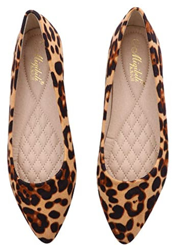 Fashion Leopard Print Flat Heeled Pointed Toe Shoes for Women - Comfortable Slip on Loafers for Casual and Elegant Occasions (Khaki Leopard Size 41)