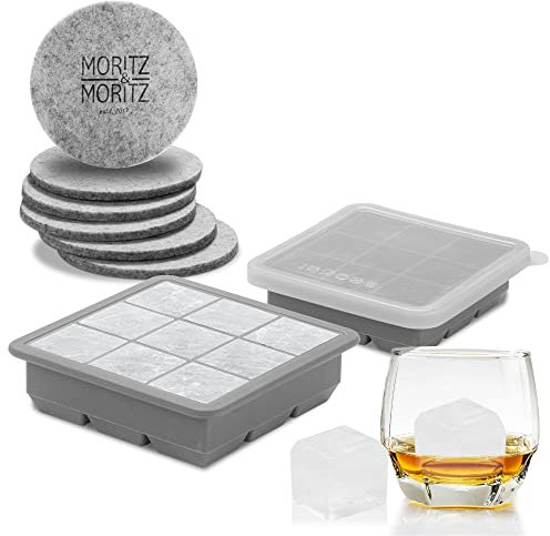 Moritz & Moritz 2x Eiswürfelbehälter mit Deckel Silikon – Große Eiswürfelform Silikon mit Deckel BPA frei für 18 Eiswürfel in Würfelform – Inkl. 6 Untersetzer & Rezeptheft