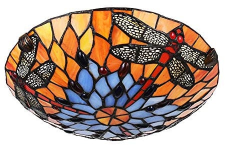 JUDU Vintage Tiffany Style 12/16Inch Stained Glass Dragonfly Style Flush Mount Ceiling Light Fixture with Stained Glass Shade Hanging Tiffany Lamps for Dinner Room Living Room (Dragonfly 30cm)