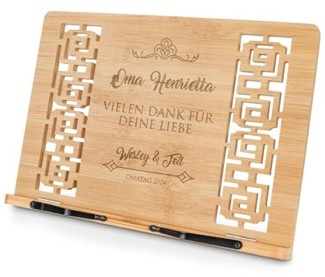 Maverton Leseständer mit Gravur - personalisiert - faltbar - mit 2 Seitenhalter - 5-stufig verstellbar - Kochbuchhalter - für Frauen - aus Bambus - Farbe: Hellbraun - Ornament
