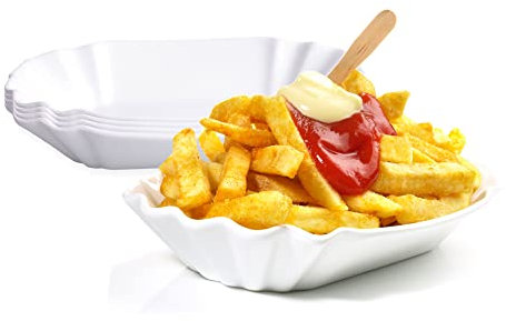 BigDean 4er Set Pommesschale aus Porzellan 19,5 cm - Weiß - Currywurstschale Pommes Frites Currywurst Snack Schale