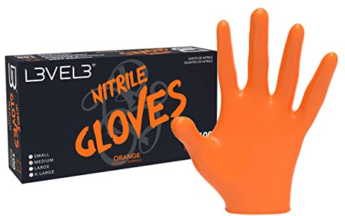 L3 Level 3 Nitrile Gloves - Professional Heavy Duty Disposable Glove - Powder, PVC and Latex Free - Salon Barber Work and Household Use - Food Grade and Safe - Box of 100 (Medium, Orange) | Latex-free disposable gloves, powder-free and puncture-resistant, snug fit for barber, salon or tattoo work, level3 gloves
