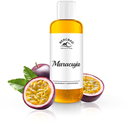 BERGBAD 250ml Saunaaufguss Maracuja, wohltuendes, erfrischendes Sauna-Aufgussmittel ohne Alkohol - kein Gefahrgut, perfekt für Reisen oder sensible wie Heimsauna Umgebung da nicht brennbar