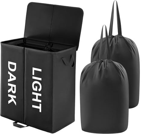 Lifewit 136L Double Laundry Hamper with Lid and Removable Laundry Bags, Large Divided Hamper, Collapsible 2 Section Laundry Basket with Handles for Bedroom, Bathroom, College Dorm, Laundry Room, Black
