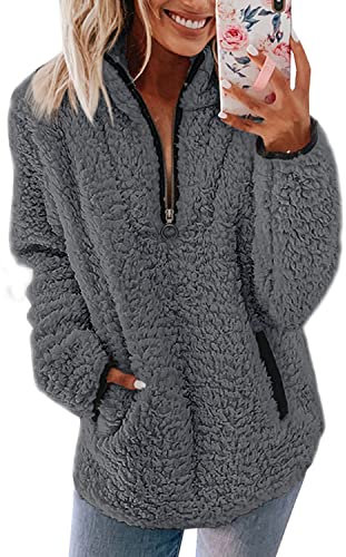 Nilimoph Womens Fleece Jumper Fluffy Pullover Teddy Fleece Sweatshirts Casual Top Fuzzy 1/4 Zip Up Long Sleeve Stand Collar Cozy Coat Tops with Pockets (Dark Grey, M)