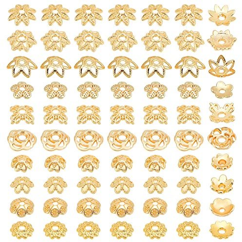 PandaHall 14K Gold Blumenperlenkappe 100 Stück 10 Arten Perlen Endkappen Messing Filigrane Metall Abstandshalter Perlen Kappen End Charm Kappen Für DIY Ohrringe Armbänder Halsketten Schmuck