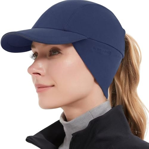 GADIEMKENSD Winter Fleece Hats Reflective Ponytail Hat for Women Baseball Caps with Earflap Drop Down Ear Warmer Mens Skull Cap Beanie with Visor Cold Hat for Outdoor Hiking Running Snow Ski Navy