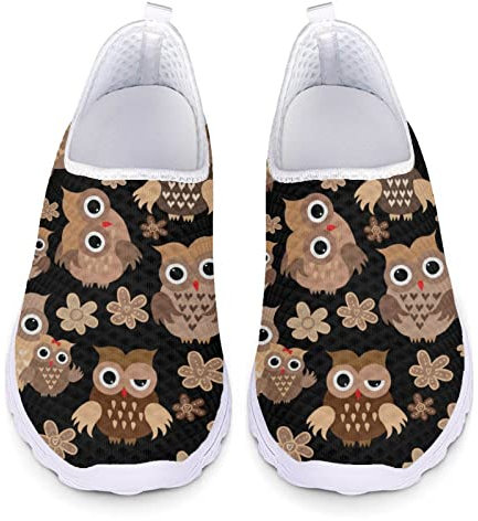 Kuiaobaty Damen Slip on Mesh Flache Turnschuhe Krankenschwester Blume Schwein Schädel Boho Streifen Bär Atmungsaktiv Walking Sport Sneakers Leichte Freizeitschuhe, Eule Vögel Blumen, 38 EU