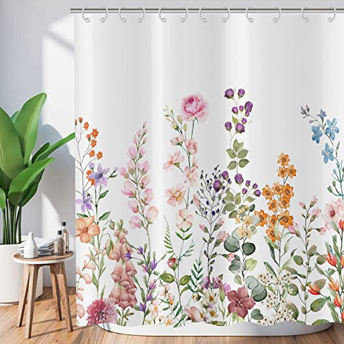 Hnmdmyi Rideau de Douche 180x180 - Fleurs Colorées et Feuilles Vertes, Aquarelle Fleur Sauvage, Plante Botanique - Imperméable, Tissu Lavable pour Baignoire