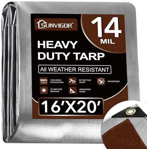 Sunvigor Tarp Waterproof 16x20Ft, Heavy Duty Tarp Cover Extra Thick 14 Mil Tear and UV Resistant, Outdoor Tarps with Grommets and Reinforced Edges for Roof, Camping, Patio, Pool, Boat (Silver/Brown)