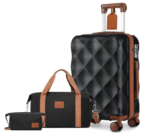 Sea choice Handgepäck Koffer Trolley ABS Leicht Reisekoffer Hardschale 4 Rollen und TSA Schloss Mit 1 Reisetasche und 1 Kulturbeutel (55cm, Schwarz)