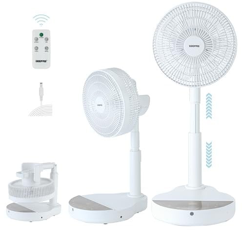 GEEPAS 10 Inch DC Folding Fan - Portable Folding Desk Fan with Remote Control Oscillation – 12 Speed, 8 Hour Timer, Quiet Fan – Foldaway Stand Table Fan with Adjustable Height - Home, Office