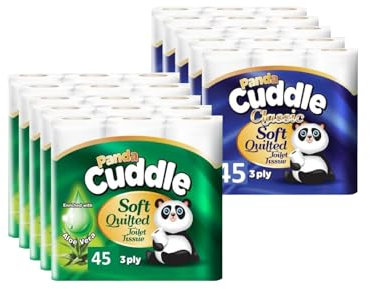 Panda Cuddle Soft Quilted Toilet Rolls, Super Quality 3 Ply Toilet Tissue Enriched with Classic and Aloe Vera Fragrance, Provide Ultimate Quilted Comfort - 45 Rolls Classic - 45 Rolls Aloe Vera