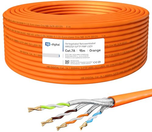 HB-DIGITAL 15m CAT.7a Netzwerkkabel LAN Kabel Verlegekabel AWG 23 Reines Kupfer S/FTP PiMF LSZH Halogenfrei RoHS-Compliant Ethernet Installationskabel Datenkabel PoE 10Gbit/s max. 1200MHz Orange