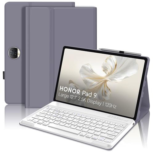 JADEMALL Keyboard Case for Honor Pad 9 12.1, Wireless Magnetic Detachable Bluetooth Keyboard(UK Layout), Premium PU Leather Cover with Pencil holder for HONOR Pad 9 12.1-inch Tablet, Lavender Purple