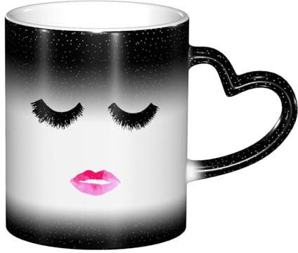 Farbwechsel-Tasse aus Keramik mit Wimpern-Lippen-Motiv – wärmeempfindliche Keramiktasse mit herzförmigem Design – eine magische Ergänzung für Ihre Routine, Kaffeetasse, magische Tasse, Morphing-Tasse