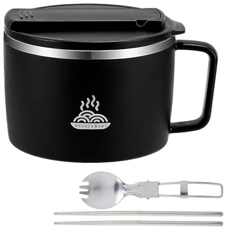 304 Stainless Steel Noodle Bowl Set, 1200ml Microwave Bowl with Chopsticks and Spork, Portable Soup Cooker with Lid for Office/Home/Kitchen (Black)
