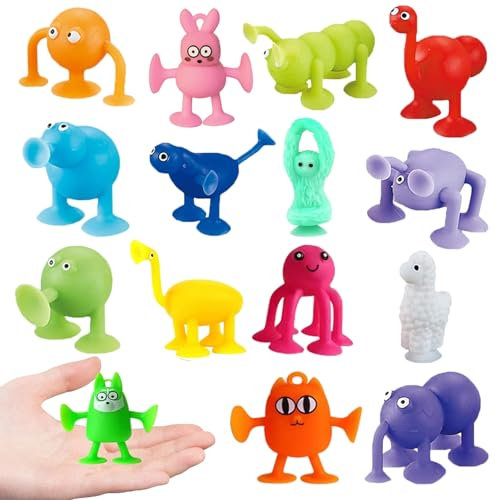 Qaestuan 15 Pcs Jouets à Ventouse Silicone, Silicone Jouets de Bain Sucker Toys, Jouets de Bain pour Enfants, Sensorielles Jouet d'Aspiration, Jouets Voyage pour 3 4 5 6 7 Ans Garçons Filles