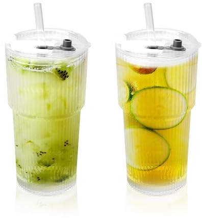 DAWRIS 2 Stück 600ml Glasbecher mit Deckel und Strohhalm Trinkbecher mit Deckel und Strohhalm Glas Smoothie Becher Trinkgläser Trinkglas Eiskaffee Gläser Wasserdicht Design