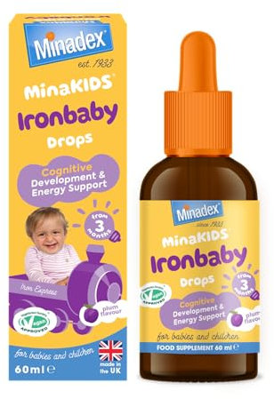 Minadex MinaKIDS Ironbaby Drops – Liquid Iron Supplement for Children, Sugar-Free, Vegan, Plum Flavour, 60ml (2-Month Supply), Supports Immune Health, Minimal Iron Aftertaste, Made in UK