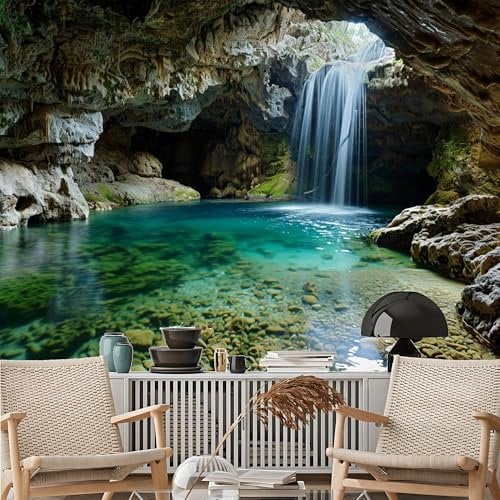 Custom Size Wall Murals, Cave Waterfall Pool Self - Adhesive Removable Large Photo Wallpaper for Living Room, Bedroom, Bathroom, Office, Dining Room, Kid's Room