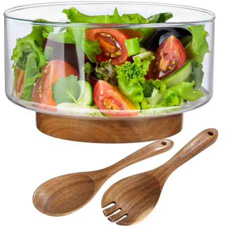 Kronabelle Ustensiles de service à salade inclus, pour fruits, collations, pâtes, saladier en verre de 3,8 l avec base en bois, grand bol en verre pour fête de famille