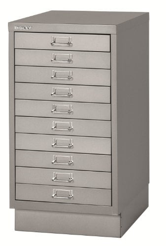 BISLEY MultiDrawer, 29er Serie mit Sockel, DIN A3, 10 Schubladen, Metall, 355 Silber, 43.2 x 34.9 x 67 cm