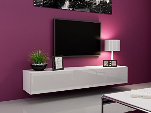 Tv Schrank Vigo 180 cm Länge, Hängeschrank, Wandschrank, Fernsehentisch mit 2 Klapptüren, Lowboard, Grifflose Öffnen, Push to Open (Weiß / Weiß Hochglanz)