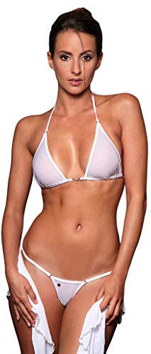 my sexy bikini - Micro String Bikini durchsichtig in Tulle - Tahiti - DREI Teilen : (Mini und Micro String + top) Weiß (Unter: 34/36 | BH: 1)