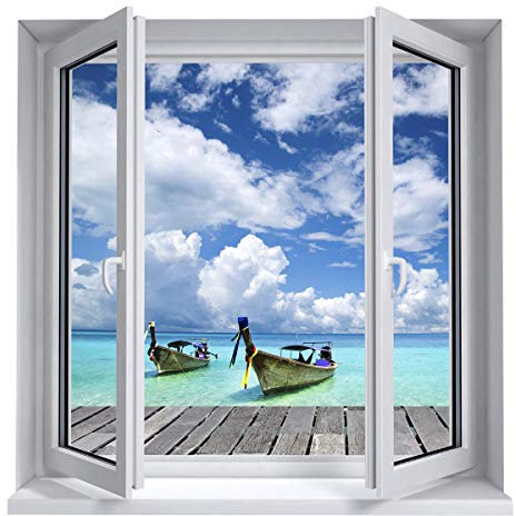 Sticker 3D Effekt | Wandaufkleber Tropische Landschaft - Tapete Dekoration optische Täuschung Raum und Wohnzimmer | 60 x 60 cm