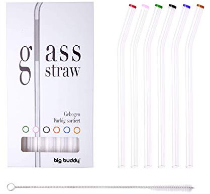 Glasstrohhalme, Glas Strohhalme in Geschenkverpackung, Wiederverwendbare Trinkhalme aus stabilem Borosilikat-Glas (6 Stück - Gebogen)