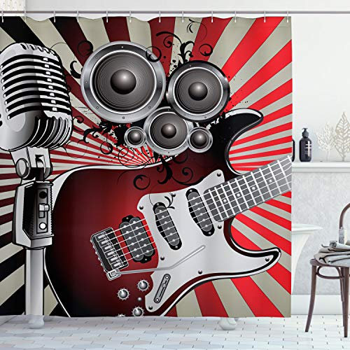 ABAKUHAUS Musik Duschvorhang, Old Vintage Loudspeaker, Stoffliches Gewebe Badezimmerdekorationsset mit Haken, 175 x 180 cm, Burgund Beige Grau