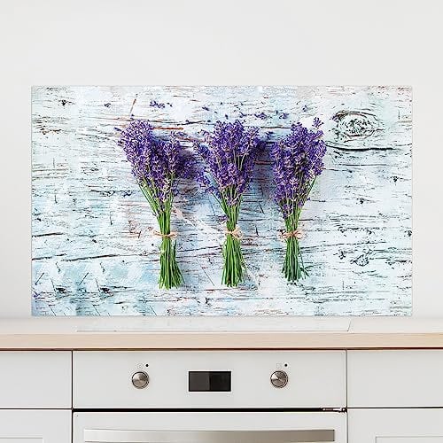 GRAZDesign Spritzschutz Küche Glas Lavendel Grau Holz, Küchenrückwand Glas für Herd und Spüle, Rückwand Küche Glasplatte mit Motiv, 60x40cm