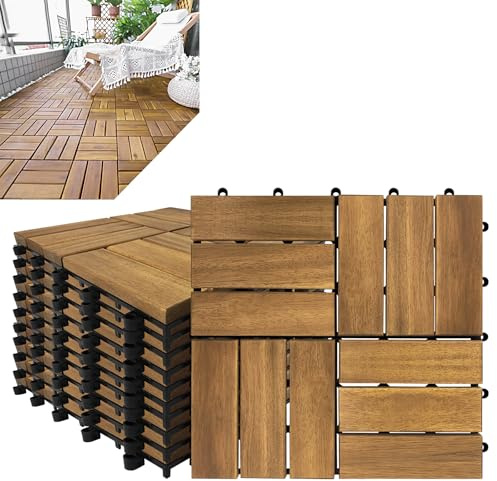 Froadp 30x30cm Carrelage en Bois d'acacia, Revêtement de sol Extérieur, Dalles Clipsable de Jardin, Caillebotis Plancher avec Plug-in Système pour Terrasse Jardin Balcon(11 pcs, Type B)
