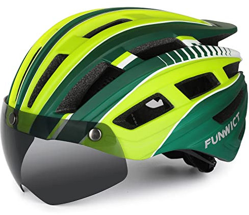 FUNWICT Casque Velo Homme avec Lunettes Magnétiques Amovibles et Doublure Intérieure Casque VTT Feu Arrière LED avec Visière pour Le Cyclisme Taille Ajustable 57-61 CM (Vert Jaune)