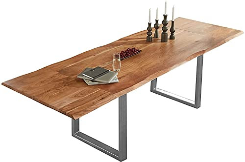 SAM Baumkantentisch 180 (280) x 90 cm Adina, Akazienholz naturfarben & massiv, Esszimmertisch mit 2 Ansteckplatten, Silbernes U-Metallgestell, Platte 26mm