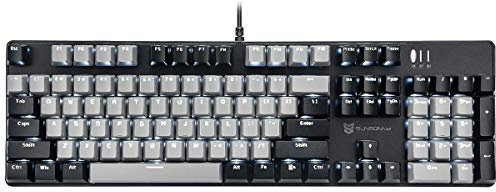 Qisan Mechanical Gaming Keyboard Wired White Backlit Keyboard Blue Switches Full Size 104 Keys US Layout-Black and Gray