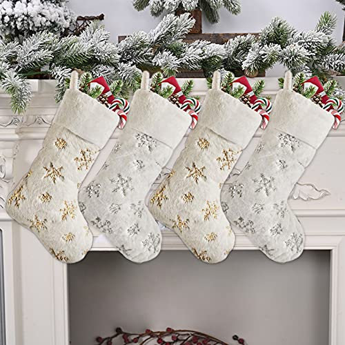4 Stück Weihnachtsstrümpf für Kamin, Nikolausstrumpf, Weihnachtsbaum Groß Geschenktüte, Bonbontasche Stickerei Befüllen Schneeflocken Rentier, Weihnachtsdeko Amerikanisch Aufhängen Wand 46cm Misch - C