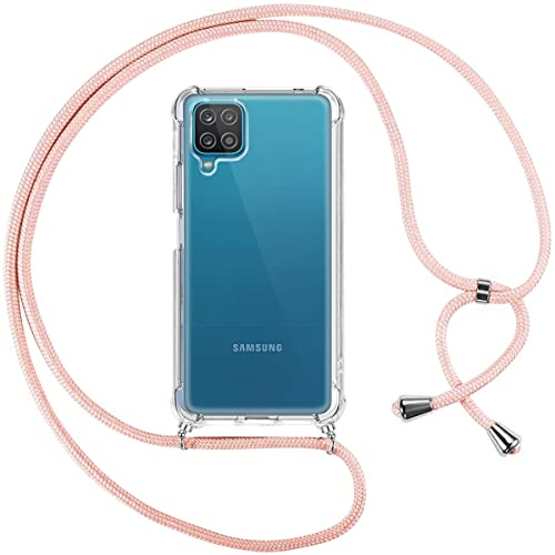 Pnakqil Collier Coque pour Samsung Galaxy A12/M12/A12 Nacho avec Cordon, Réglable Lanyard Housse Transparente Silicone Anti-Chute Etui pour Samsung A12 6.5 Pouces, Ètuis à Bandoulière, Or Rose