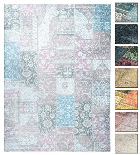 TESSO LIVING Kelim Patchwork Teppich Blau Rosa 195 X 280 cm - Maschinenwaschbar - Moderner Kurzflor Wohnzimmer Teppich - Super Soft