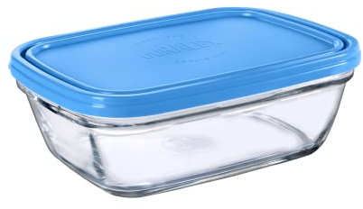 Duralex Freshbox|Boite de conservation alimentaire rectangle avec couvercle en plastique bleu 1,1 L|1 Unité|Verre ultra résistant aux rayures, Compatible Micro-ondes et Lave-Vaisselle, Made in France