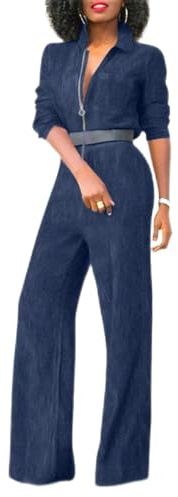 Buetory Womens Sexy Long Sleeve Denim Bodycon Jumpsuits High Waisted V Neck One Piece Wide Leg Long Pants Jeans Rompers