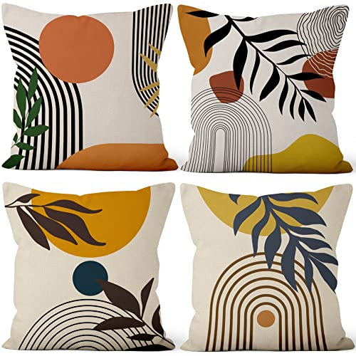 Aoihrraan 41x41cm 4er Set Dekorativ Boho Kissenbezug Abstrakt Sonne Mond Regenbogen Natur Landschaft Quadratische Sofakissen Dekokissen Leinen Wohnkultur Für Wohnzimmer Draussen Patio Garten Sofá