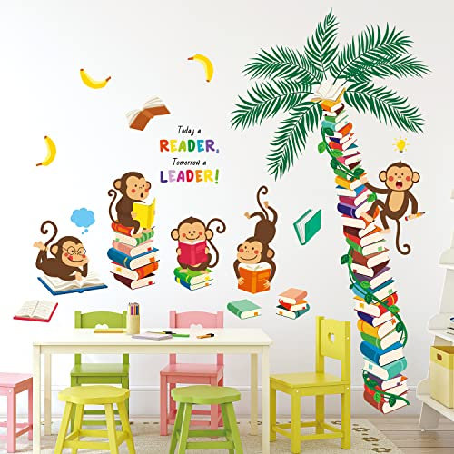 DECOWALL DS9-8065 Wandtattoo Affen Kinderzimmer Wandaufkleber Bücher Baum Klassenzimmer Lessen Buch Wandsticker Wanddeko Wohnzimmer Bibliothek