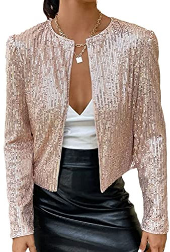 Onsoyours Cardigan da Donna Lucido con Classiche Cardigan Paillettes a Maniche Lunghe Bolero Top Corti Blazer Elegante Abiti da Festa con Glitter Clubwear B Oro Rosa M