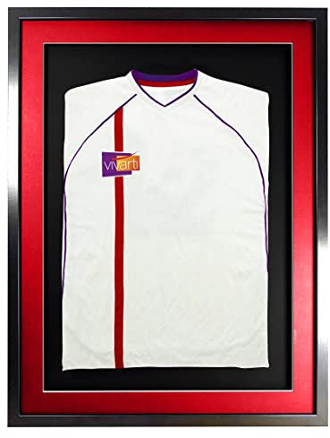 Vivarti DIY Junior 3D-Sportshirt-Display-Rahmen für Fußballtrikot, Rugby-Trikot, Band T-Shirt Shadow Box – 50 x 70 cm – schwarzer Rahmen, rotes Passepartout, schwarze Rückseite